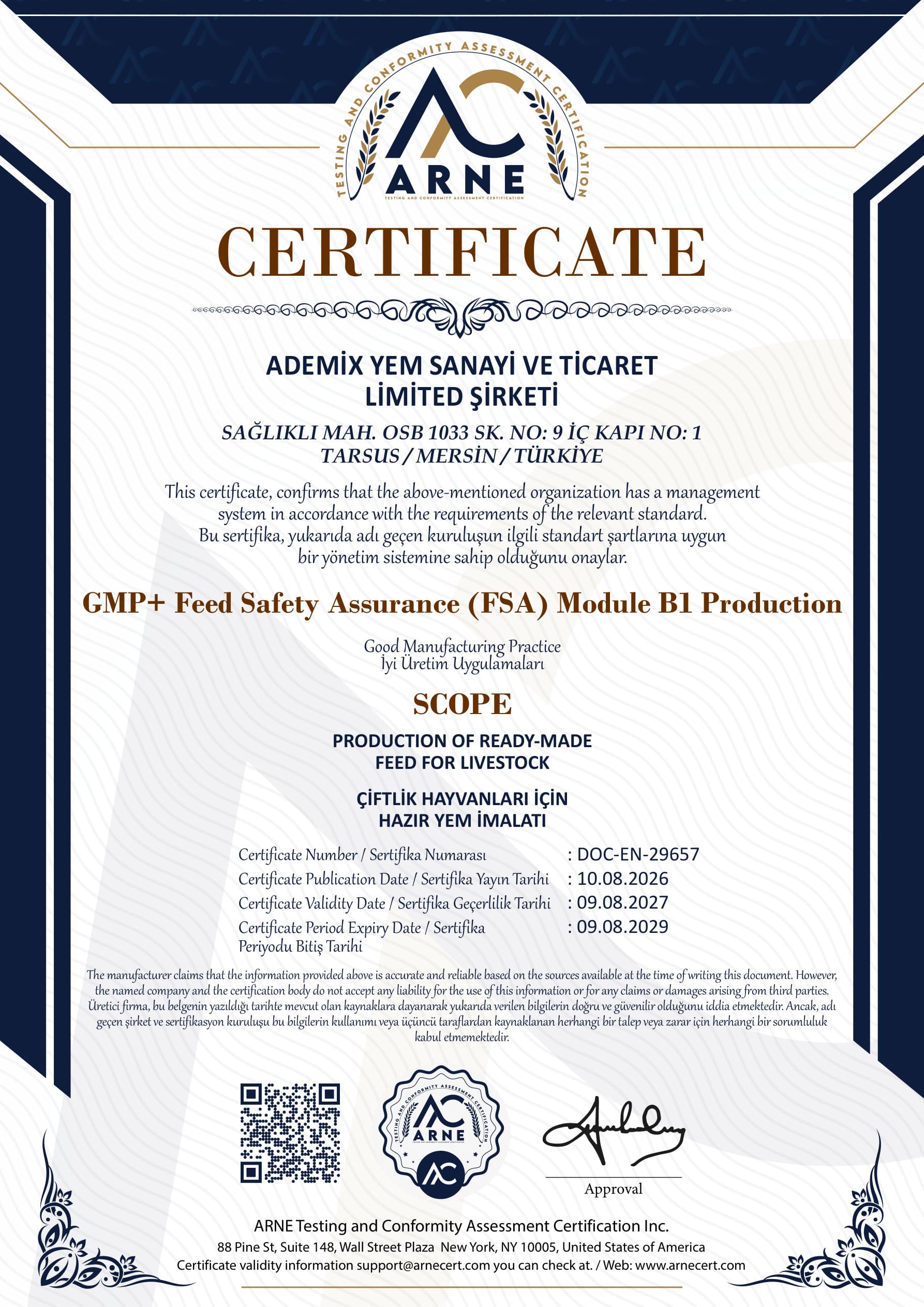 GMP+ FSA Module B1 certificate — ARNE Certification